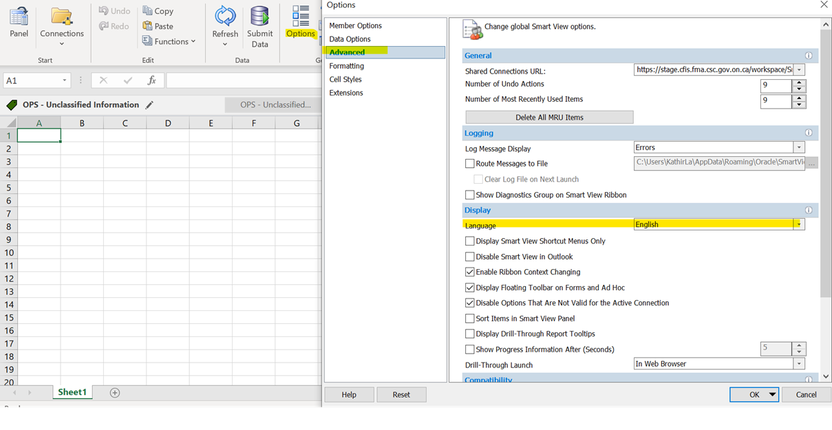 Selecting Smart View language window in Excel